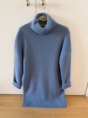 Soft Ribbed Turtleneck Sweater Dress in Dusty Blue